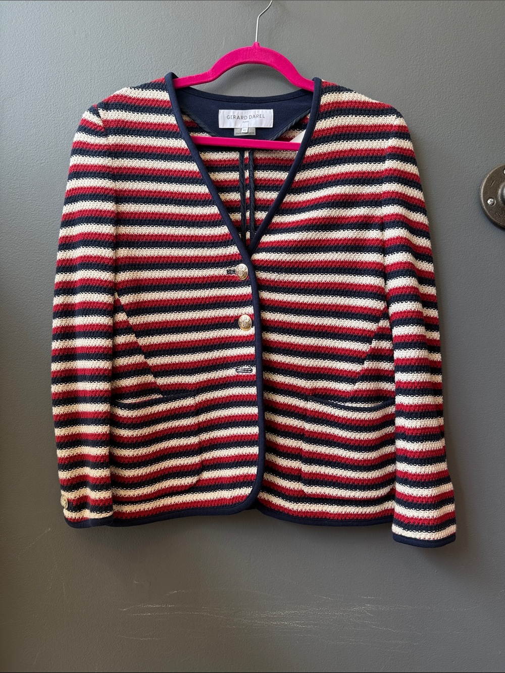 Gerard Darel Navy, Red & Cream Striped Knit Jacket